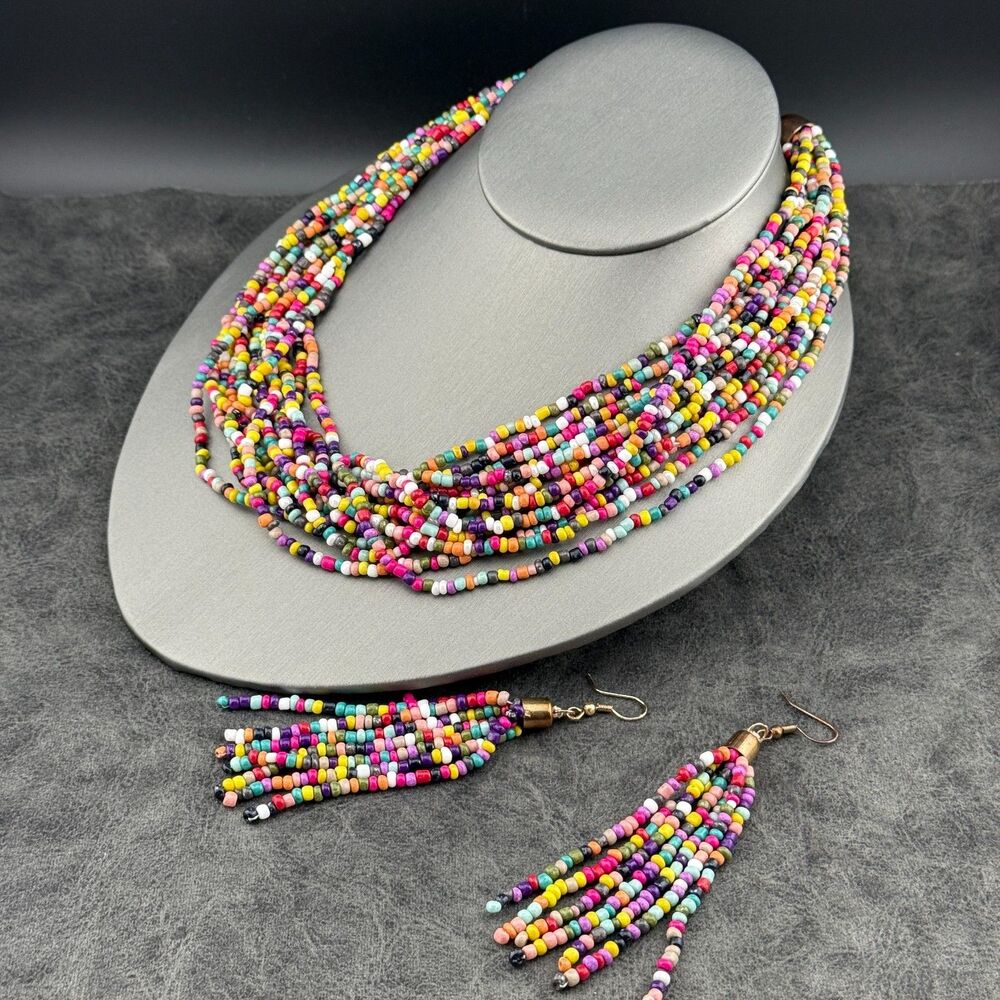 Vintage Multicolor Glass Beads Multi-strand Necklace & Tassel Earrings Set 16"
